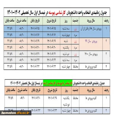 زمانبندی انتخاب واحد دانشجویان در نیمسال اول سال تحصیلی 1402-1401