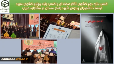 در پایان جشنواره کشوری حبیب رقم خورد

کسب رتبه دوم تئاتر صحنه ای و شایسته تقدیر سرود توسط دانشجومعلمان پردیس شهید باهنر همدان