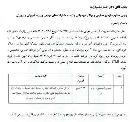 آزمون پودمان اول معلمان، مدیران، مربیان و سایر کارکنان مدارس غیر دولتی 3