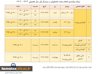 قابل توجه دانشجویان گرامی

جدول زمان بندی انتخاب در نیمسال اول سالتحصیلی 1404-1403